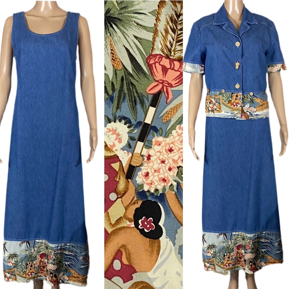 RARE VINTAGE NINA PICCALINO 2-Piece Maxi Dress & Jacket Denim Hawaiian Sz M